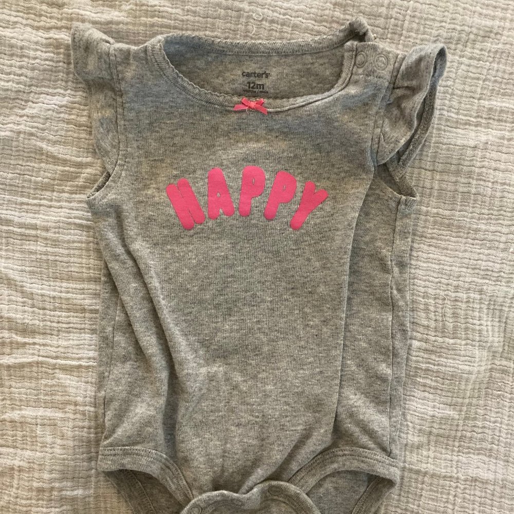 Carter's sleeveless bodysuit onesie girls 12 month - pink and gray - "Happy"